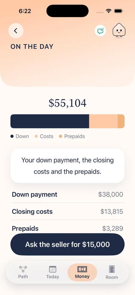 The On the day screen showing the down payment, closing costs and prepaids.