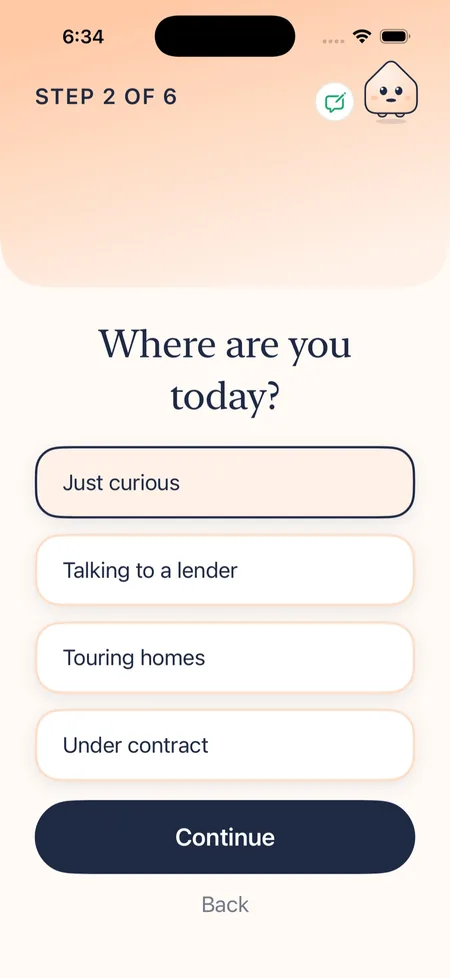 Onboarding step: Where are you today, with choices from Just curious to Under contract.
