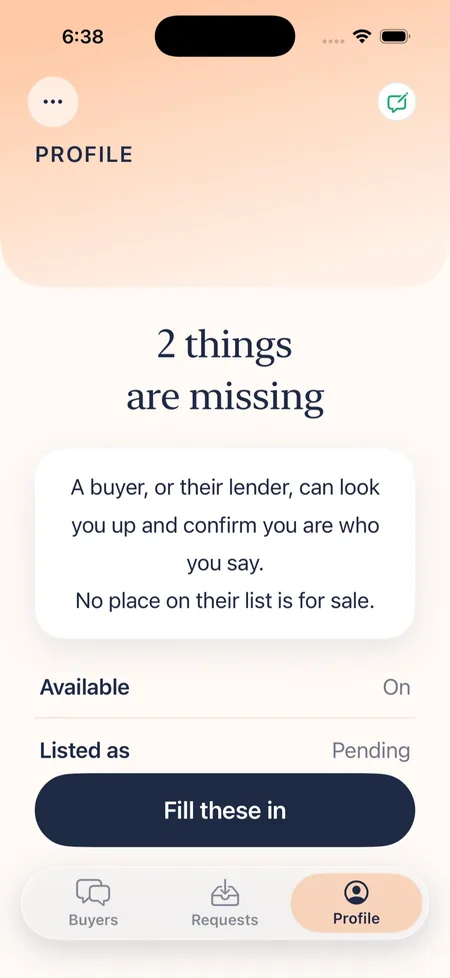 The professional profile screen: a buyer or their lender can look you up and confirm you are who you say.