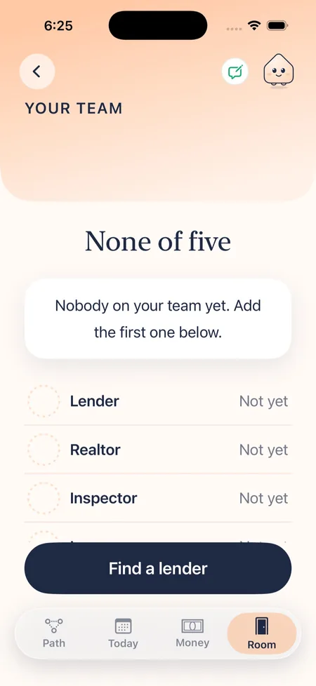 The Your team screen with empty slots for a lender, a realtor and an inspector.